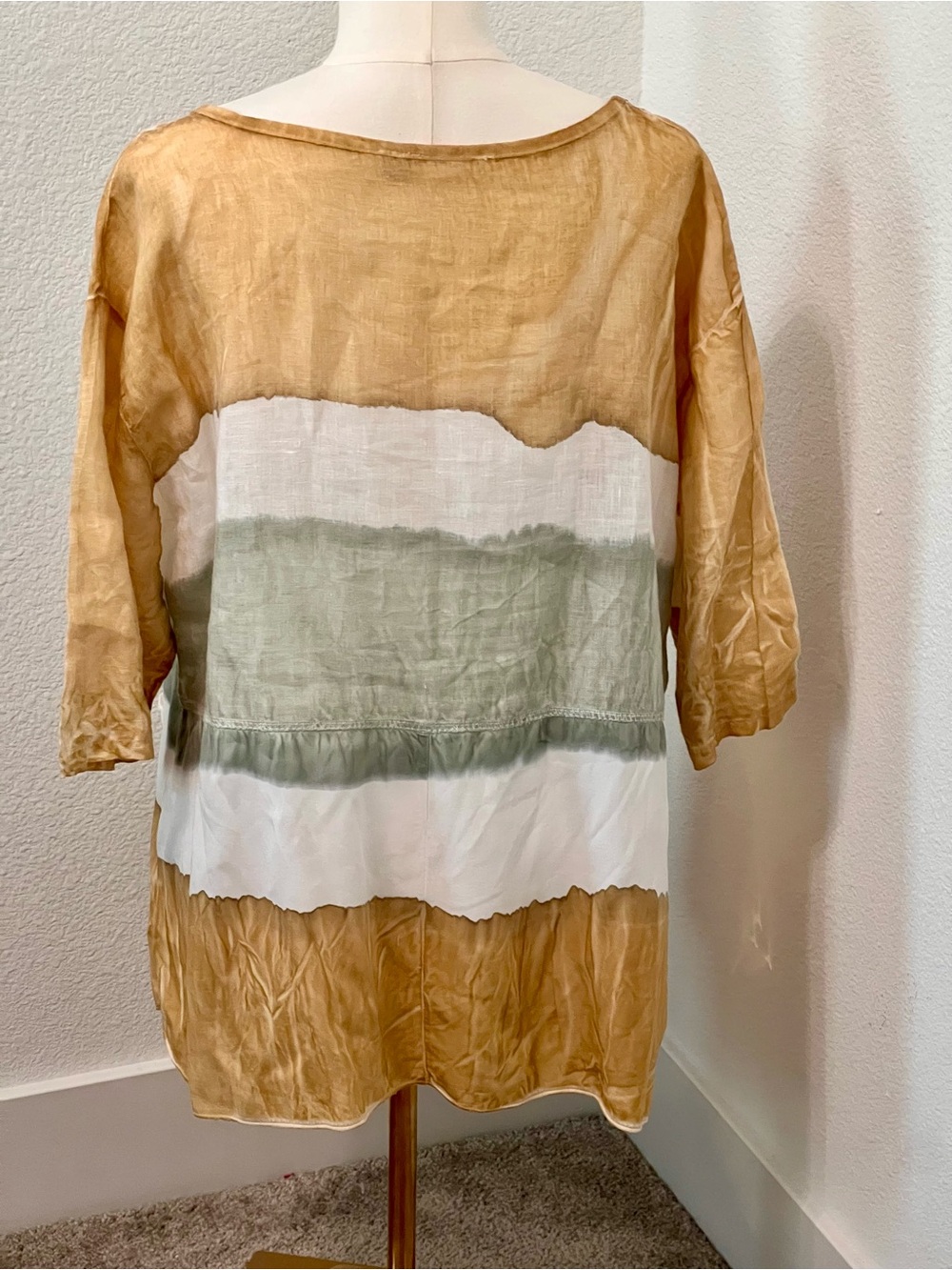 Relaxed Colorblock Linen Blend Top in Tan White Sage Euro Lagenlook made in 🇮🇹 M - Picture 3 of 11